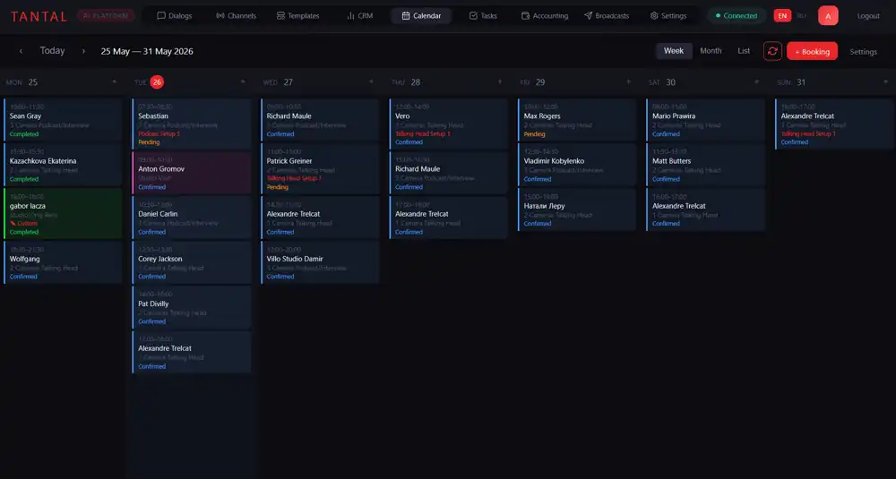 Tantal CRM booking calendar — weekly view with confirmed and pending bookings
