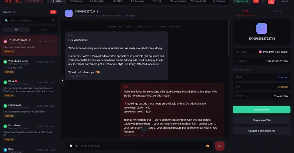 Tantal CRM channel management — WhatsApp, Instagram, Telegram, MAX, all active