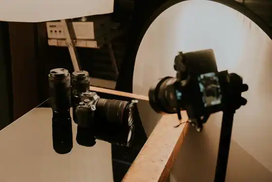 A production studio in Canggu, Bali, with cameras and lighting rigged for a session
